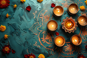 Wall Mural - Indian ornamental design of Rangoli pattern in orange color with candles on green background. Ugadi or Gudi Padwa celebration. Indian festival of Diwali. Hindu New Year. Religion and ethnic concept
