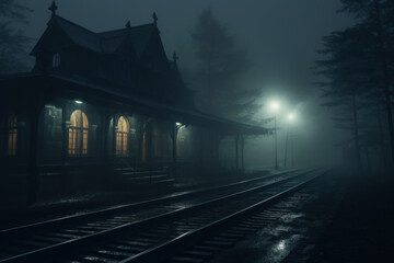 Abandoned train station on a foggy night, where ghostly tales come alive in the stillness