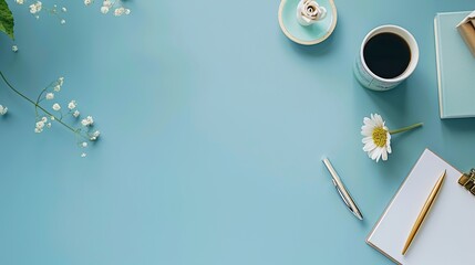 Poster - Top view Workspace with stationary and coffee on light blue background. Flat lay and copy space.