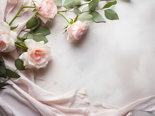 Poster - Silk ribbons, eucalyptus leaves, and blush pink roses adorn a concrete table