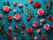 Pink and red roses, accompanied by green leaves, create a floral pattern on a white background