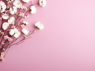 Wall Mural - A flat lay on a pink desk features eucalyptus branches and cotton flowers