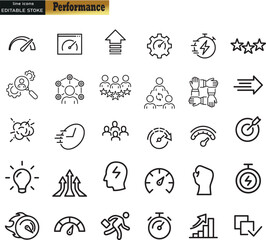 Wall Mural - performance web icons in line style. speed, improvements, charts, boost, power, collection. vector i