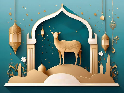 Muslim holiday Eid al-Adha card. Happy sacrifice celebration design.