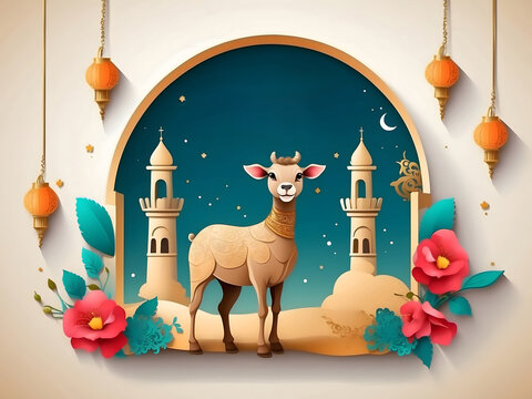 Muslim holiday Eid al-Adha card. Happy sacrifice celebration design.