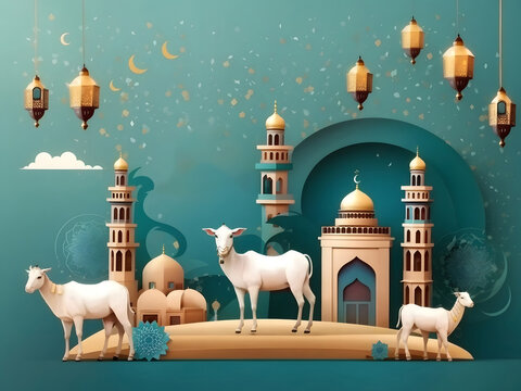 Muslim holiday Eid al-Adha card. Happy sacrifice celebration design.