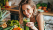 Joyful Woman in Kitchen Savoring Green Detox Smoothie for Balanced Diet and Nutrition