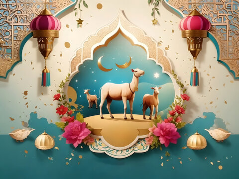 Muslim holiday Eid al-Adha card. Happy sacrifice celebration design.