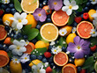 Spring fruit flowers arranged to form a spring-themed layout