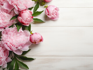 Wall Mural - Flat lay view showcases peony pink flowers on rustic white background