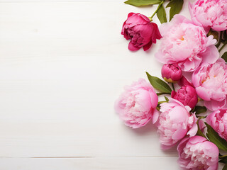 Wall Mural - Space left for text beside lovely peony pink flowers on rustic white background