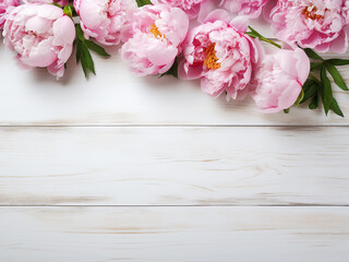 Wall Mural - Peony flowers elegantly arranged on rustic white wooden backdrop, suitable for Mother's Day