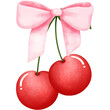 © Kisby  - Pink coquette cherry bow clipart, Hand drawn watercolor illustration.