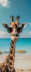 Giraffe with round sunglasses, beach horizon, clear skies, elegant, watercolor