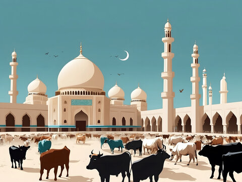 Isolated illustration of Nice Bakrid Eid Al Adha Festival, Cattle Sacrifice, Mosque Background,