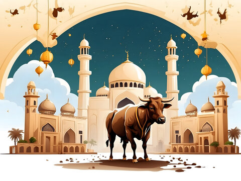 Isolated illustration of Nice Bakrid Eid Al Adha Festival, Cattle Sacrifice, Mosque Background,