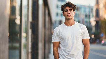 Wall Mural - Confident Urban Male Model in Plain White T-Shirt, Casual Streetwear Fashion