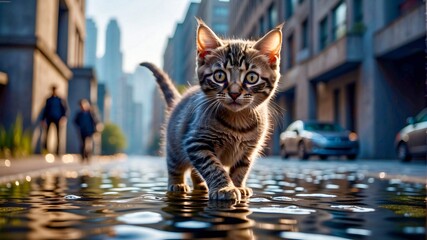 Wall Mural - A kitten walks through a puddle after a flood