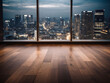 Aerial view of Osaka's business downtown wooden floor with blurred lights