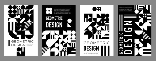 Poster - Abstract monochrome modern geometric style poster, creative certificate template and book cover collage. Vector background with minimal black and white shapes. Trendy vintage vertical layouts