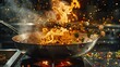 A dynamic freeze motion captures a wok pan with ingredients flying in the air, complemented by fire flames, emphasizing the energy of cooking