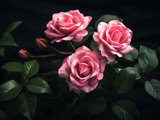 Canvas Print - Delicate pink roses stand out against a dark backdrop