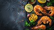 Grilled shrimps or prawns are served with lemon, garlic, and sauce, viewed from above to showcase the seafood delicacy