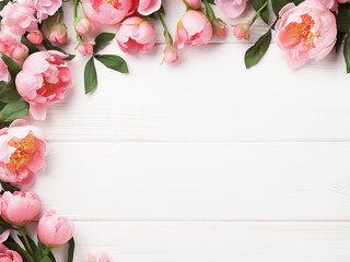 Wall Mural - Peonies, roses, and eucalyptus compose a stylish spring flat lay on white wood