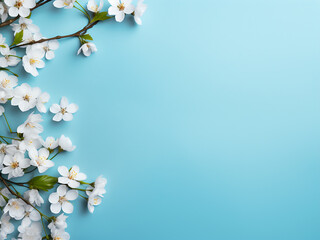 Canvas Print - Delicate spring blooms grace a blue background in a top-down view