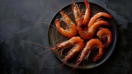 Wall Mural - Prawns are arranged on a plate against a dark background, viewed from above to highlight the seafood's appeal