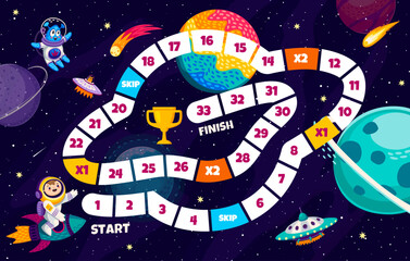 Poster - Kids board step by step game. Flying saucer in galaxy space. Vector maze, navigate galactic adventure, roll dice, move through planets, complete exploration challenge to reach the cosmic finish line