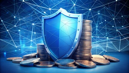 This is a blue guard shield with a pile of coins. The concept represents deposit insurance or financial security. Low poly digital style. Geometric background. Wireframe connection structure. Modern