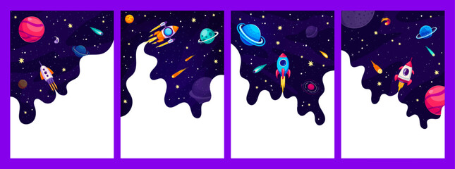 Poster - Galaxy space posters, borders or frames with rocket launch in galaxy space landscape with planets. Vector celestial-themed template showcases a mesmerizing blend of cosmic wonders and exploration