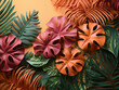Vibrant multicolored palm leaves laid out on a pink background