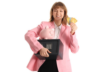 Canvas Print - Beautiful young happy woman with safe box, credit cards and piggy bank isolated on white background