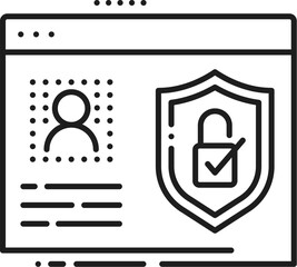 Poster - Personal data online protection and safety, fintech web technology outline icon. Network data safety fintech, personal information protection linear vector symbol with personal ID, shield and lock