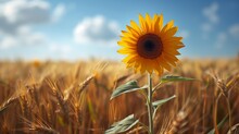 Bright Yellow Sunflower Standing Tall In A Golden Wheat Field