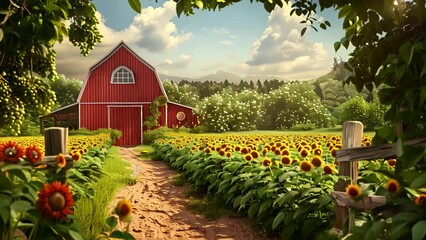 Wall Mural - Pushing through organic sunflowers a farm with a red barn and fluffy clouds on a beautiful day in the distance