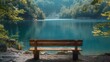 Empty bench on the lake,  backside of a bench, 
Rustic wooden bench on a tranquil blue lake