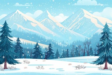 Wall Mural - Snowy winter landscape with mountains, forest pines, trees and field - Cartoon horizon banner illustration of a beautiful natural scenery for Christmas, New Year or seasonal background