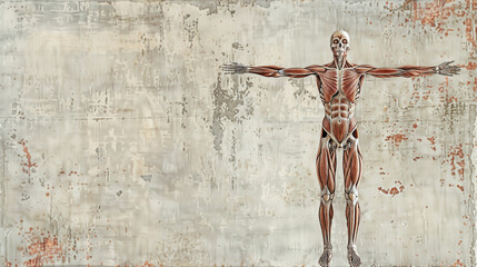 detailed human anatomy illustrationor 3d figure, muscles and bones visible with skull head, against 