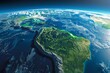 Highly detailed 3D rendering of Earth from space, focus on lush South American rainforests and majestic Andes mountains