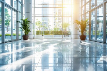 Wall Mural - Blurred Office Lobby Interior with Sunlight from Glass Windows, Business Building