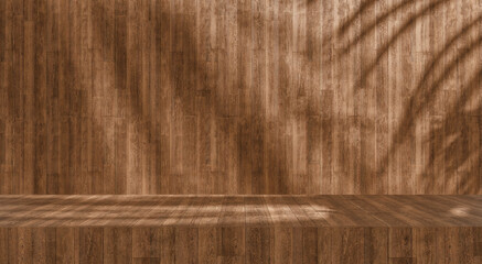 Fototapete - Cozy summer wooden table with soft sunlight and leafs shadow, high resolution wooden texture with empty space for text and design, empty wooden podium mock up for product placement