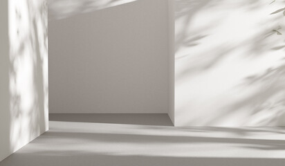 Poster - empty abstract white room studio with sunlight and trees shadows, empty room space mock up display white walls and gray cement floor