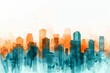 Abstract urban cityscape watercolor illustration, double exposure skyscrapers in orange and teal