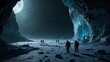 A detailed landscape of an ice-covered exoplanet, with explorers analyzing samples near a glowing, bioluminescent cave entrance Generative AI