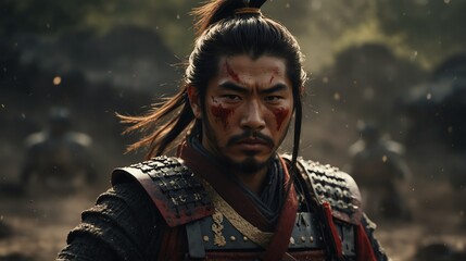 Wall Mural - a samurai warrior portrait on middle of a battle ground fight from Generative AI