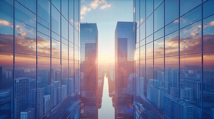 Wall Mural - Golden Hour Over the City, Reflecting the Intersection of Business and Beauty in the Urban Skyline