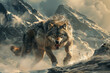 Fenrir the wolf, gigantic animal in the Nordic snowy mountains, hungry creature giving chase to Viking warriors